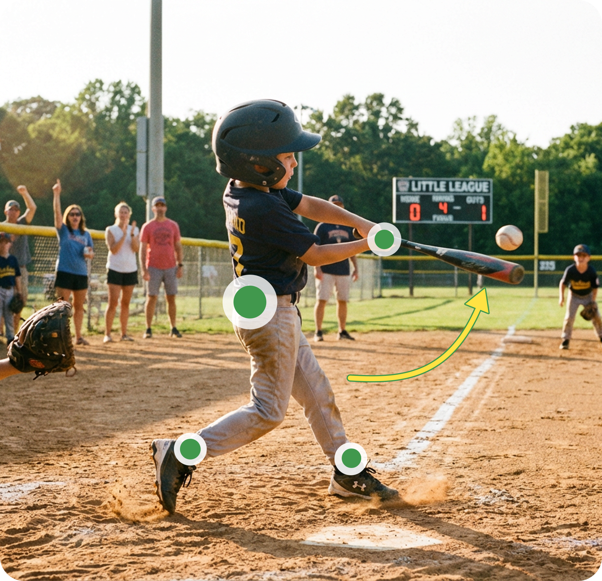 NextSport AI tracking a youth baseball player's swing mechanics with green tracking dots